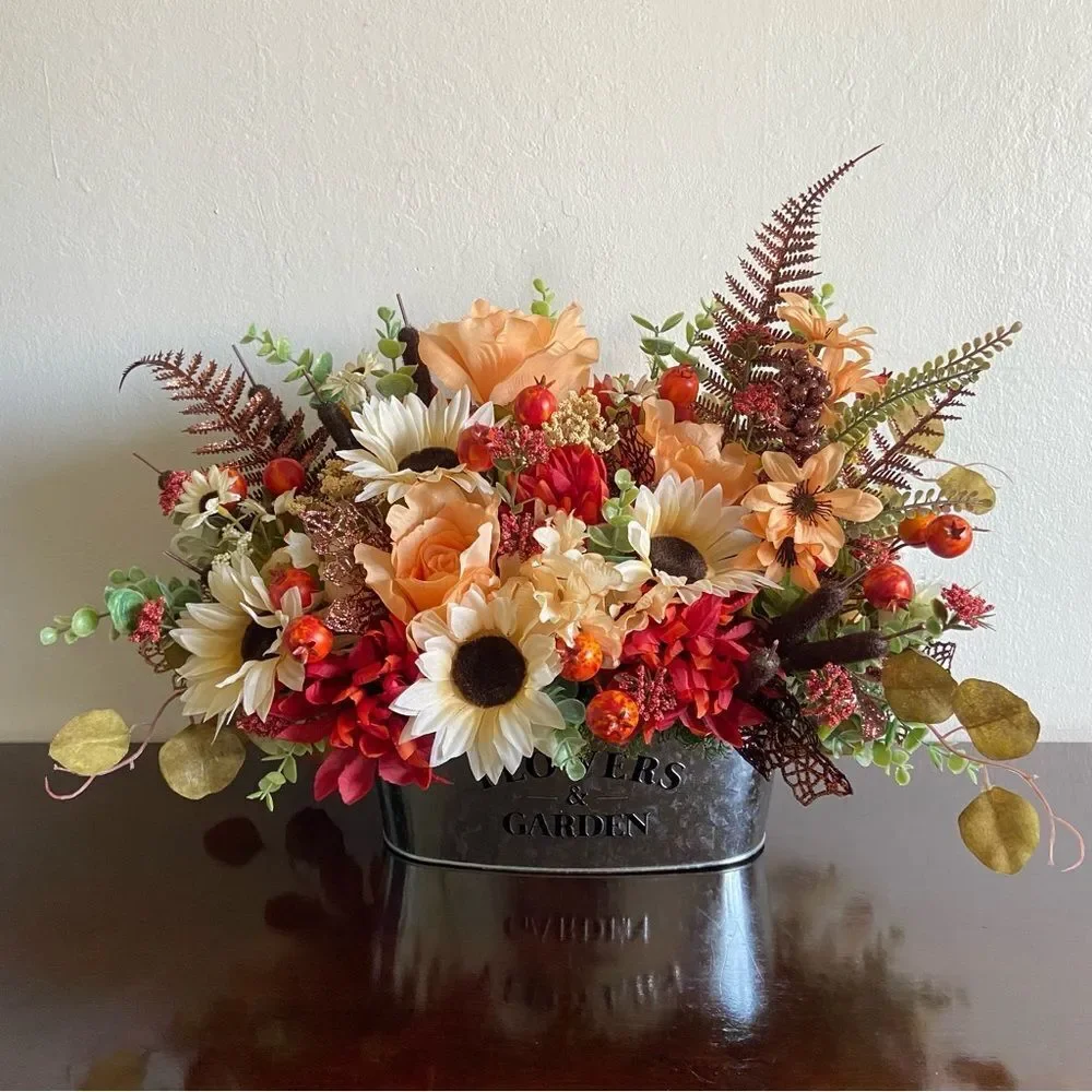 Faux Floral Bouquet With Peach Roses/Cream Sunflowers